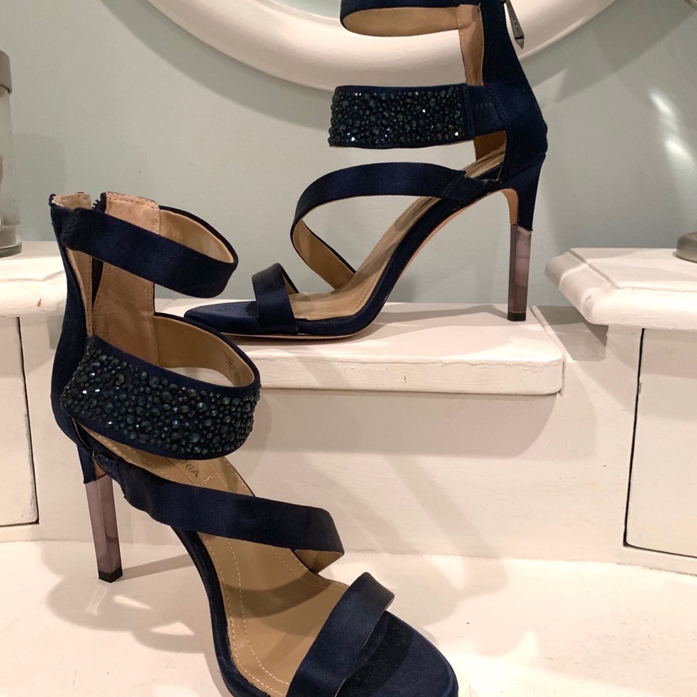 BCBG Navy Satin Stilettos with Stone detailing